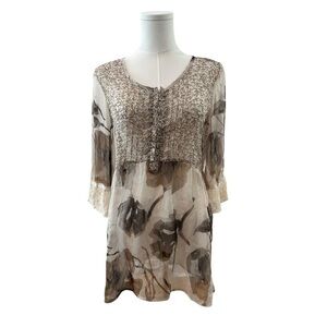 BKE Boutique Womens Small Sheer Floral Natural Earthy Tones Bohemian Flowy Tunic